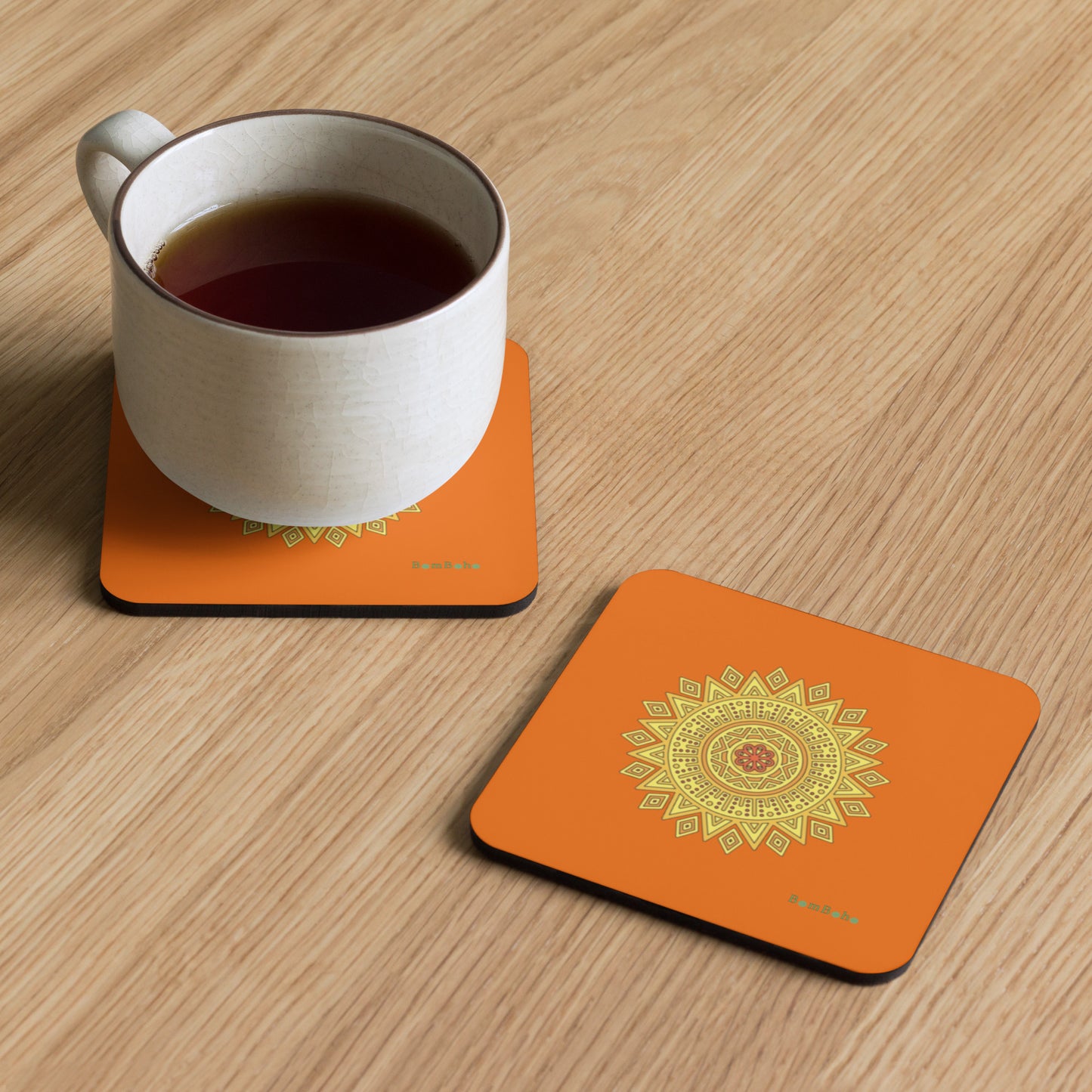 Cork-back Coaster -  Yellow on Orange Mandala