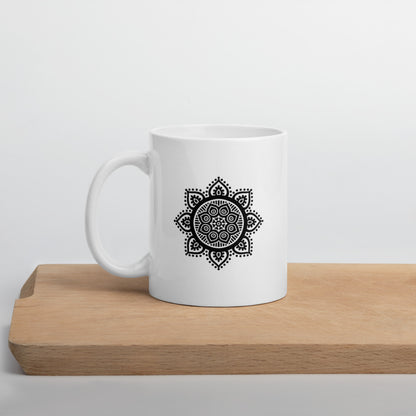 11 oz Glossy Mug - Black on White Mandala