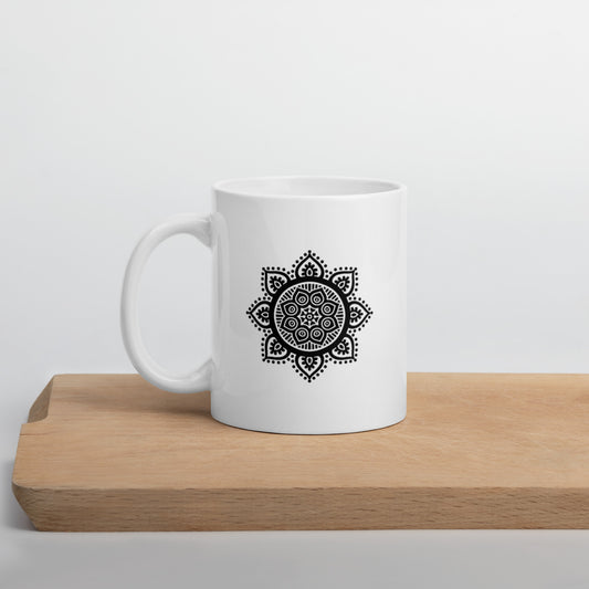 11 oz Glossy Mug - Black on White Mandala