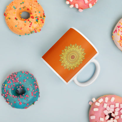 11 oz Glossy Mug - Yellow on Orange Mandala