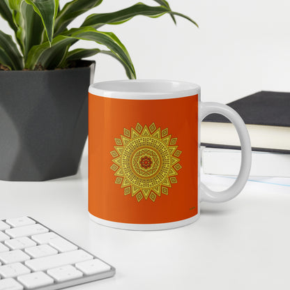 11 oz Glossy Mug - Yellow on Orange Mandala