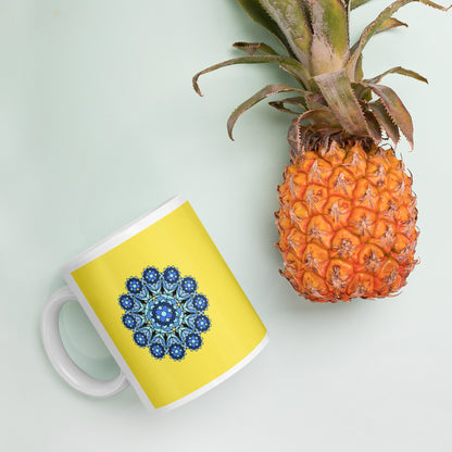 11 oz Glossy Mug - Blue on Yellow Mandala