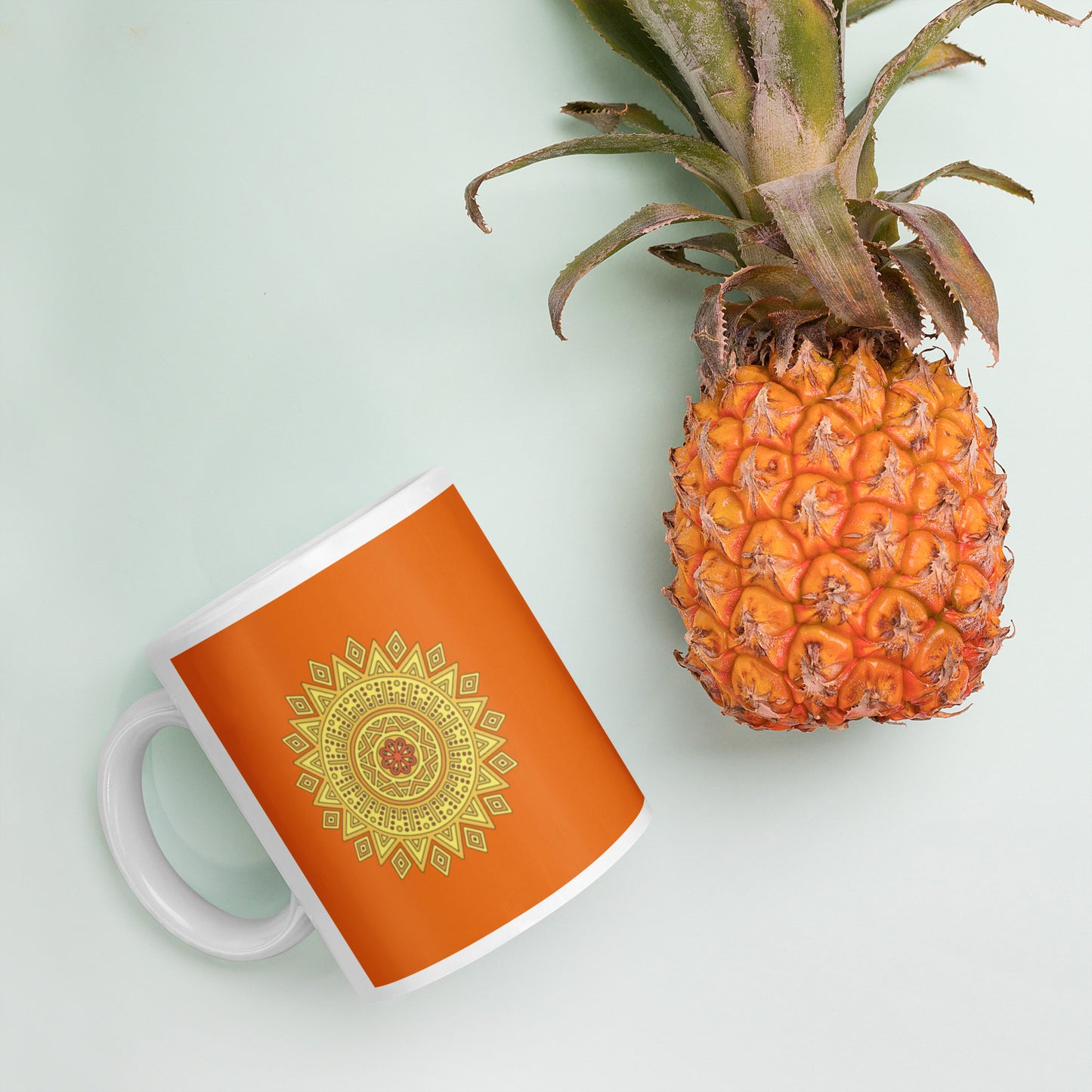 11 oz Glossy Mug - Yellow on Orange Mandala