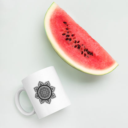 11 oz Glossy Mug - Black on White Mandala