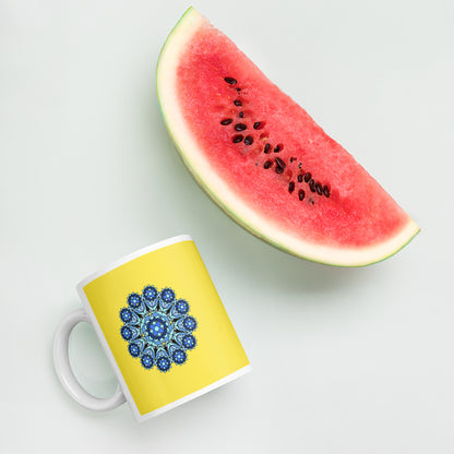 11 oz Glossy Mug - Blue on Yellow Mandala