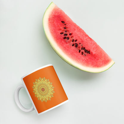 11 oz Glossy Mug - Yellow on Orange Mandala