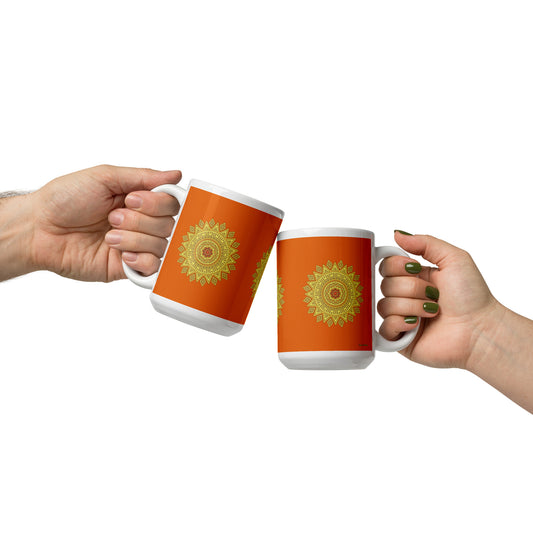 15 oz Glossy Mug - Yellow on Orange Mandala