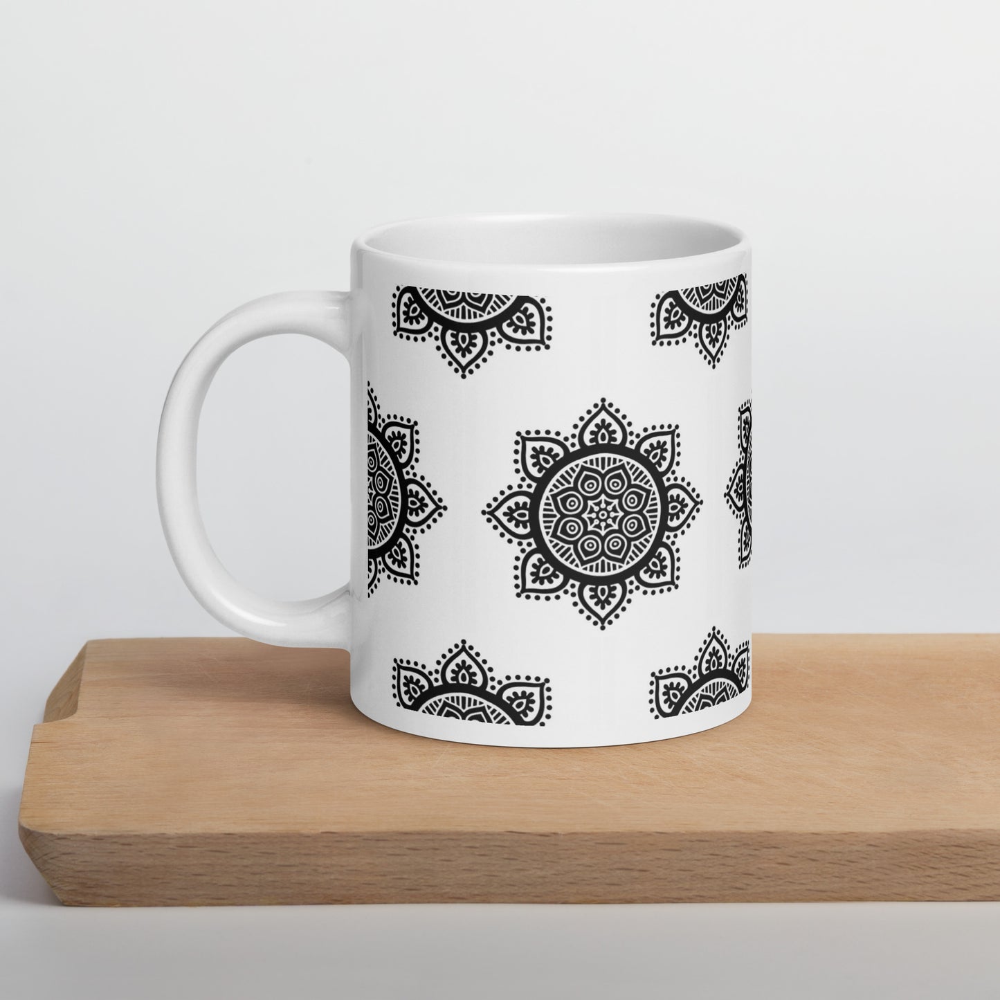 20 oz Glossy Mug - Black on White Mandala