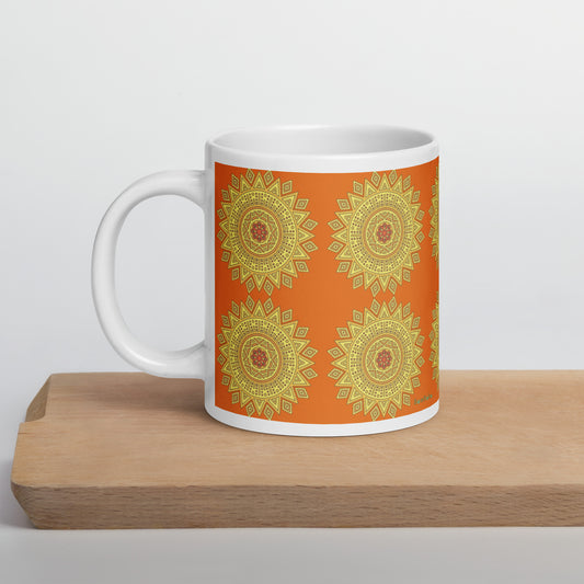 20 oz Glossy Mug - Yellow on Orange Mandala