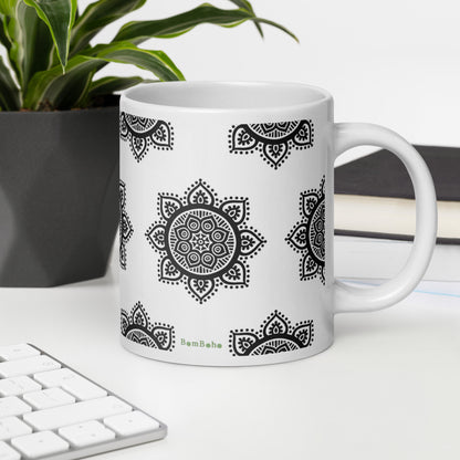 20 oz Glossy Mug - Black on White Mandala