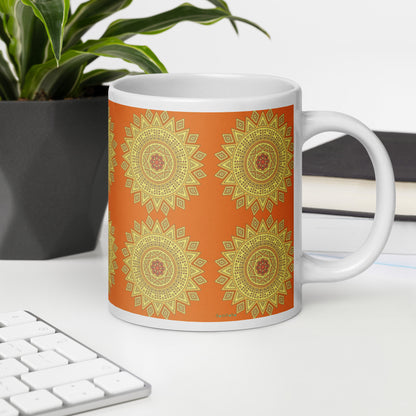 20 oz Glossy Mug - Yellow on Orange Mandala