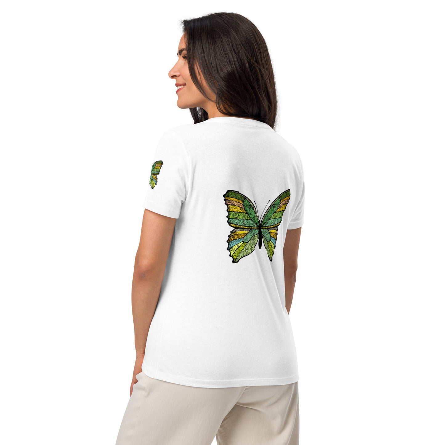 Women’s V-neck Tshirt - Butterfly Flutter Green