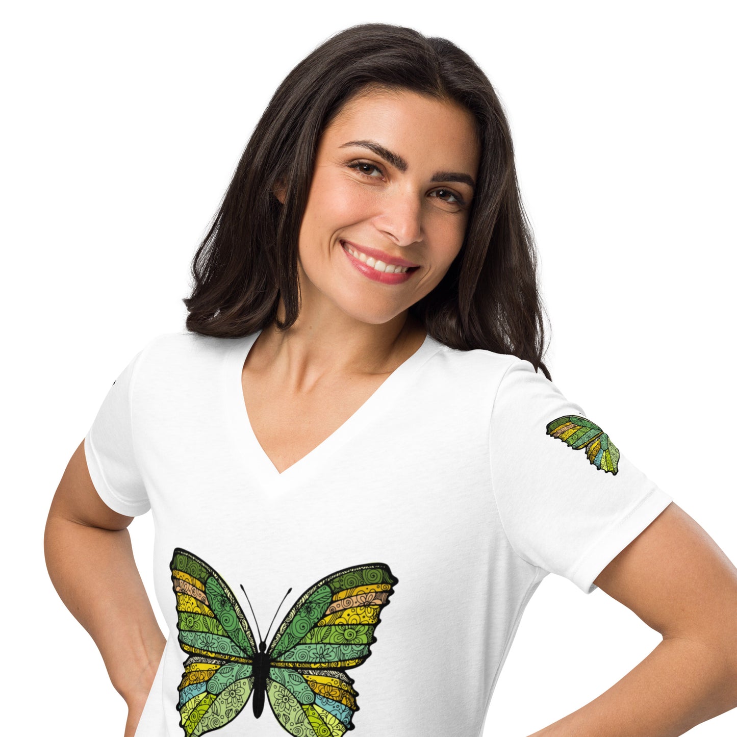Women’s V-neck Tshirt - Butterfly Flutter Green