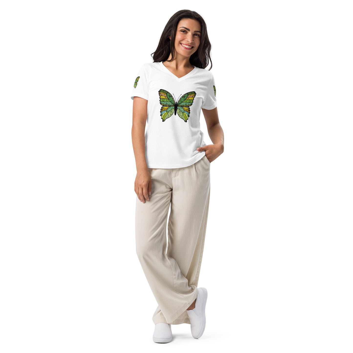 Women’s V-neck Tshirt - Butterfly Flutter Green